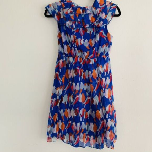 Gracia Blue Bird Print Silk Ruffle Neck Dress - Picture 5 of 5